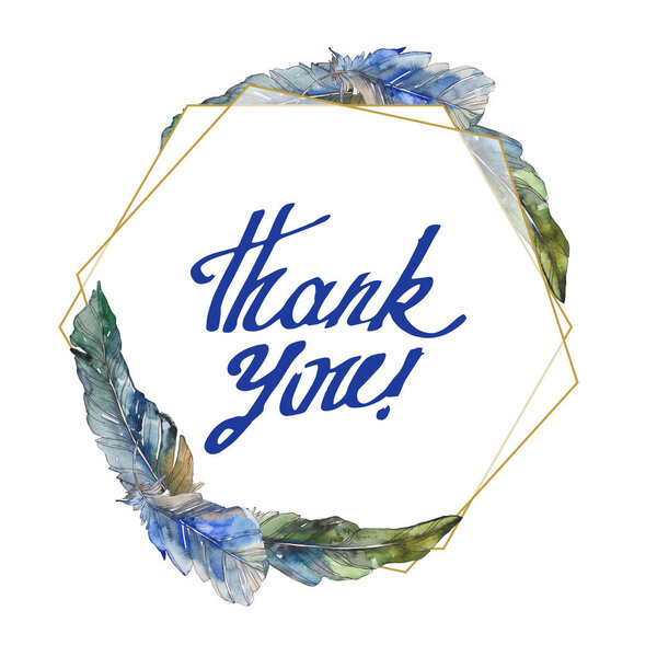 Bird feather from wing isolated. Watercolor background illustration set. Watercolour drawing fashion aquarelle isolated. Frame border ornament square.