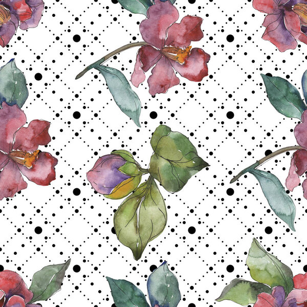 Red and purple camellia flowers. Watercolor illustration set. Seamless background pattern. Fabric wallpaper print texture.