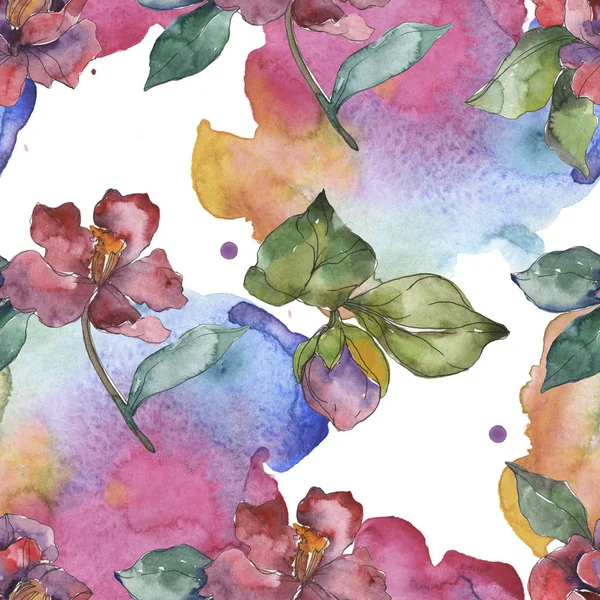 Rött Och Lila Kamelia Blommor Akvarell Illustration Set Sömlös Bakgrundsmönster — Stockfoto