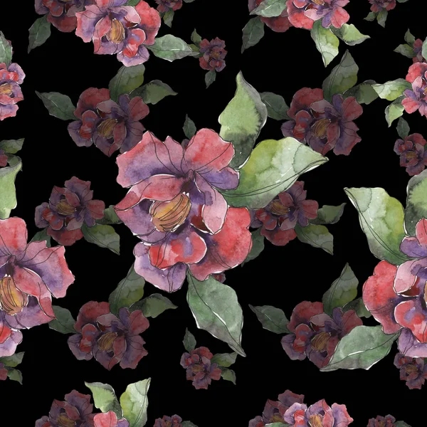 Red Purple Camellia Flowers Watercolor Illustration Set Seamless Background Pattern — Stock Photo, Image