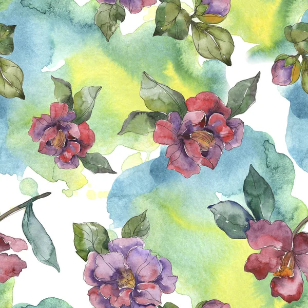 Red Purple Camellia Flowers Watercolor Illustration Set Seamless Background Pattern — Stock Photo, Image