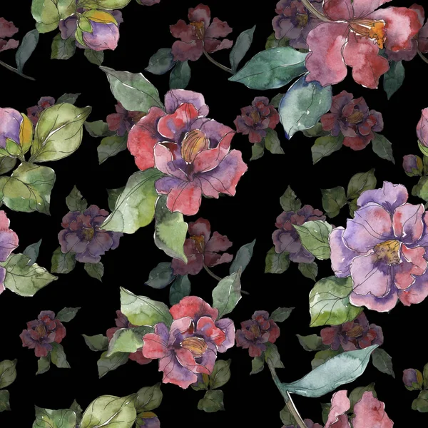 Red Purple Camellia Flowers Watercolor Illustration Set Seamless Background Pattern — Stock Photo, Image