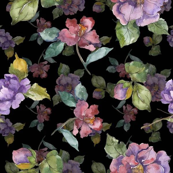 Red Purple Camellia Flowers Watercolor Illustration Set Seamless Background Pattern — Stock Photo, Image