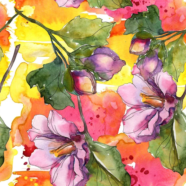 Red and purple camellia flowers. Watercolor illustration set. Seamless background pattern. Fabric wallpaper print texture.