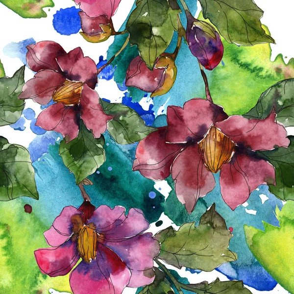 Květiny Kamélie Červená Fialová Sada Akvarel Ilustrace Vzor Bezešvé Pozadí — Stock fotografie