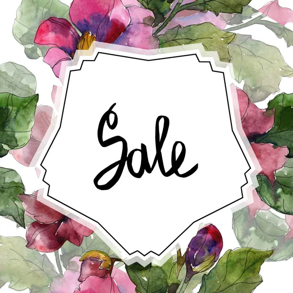 Kamelya kırmızı ve mor çiçekler. Suluboya arka plan illüstrasyon küme. Çerçeve kenarlığı süsleme yazıt ile.