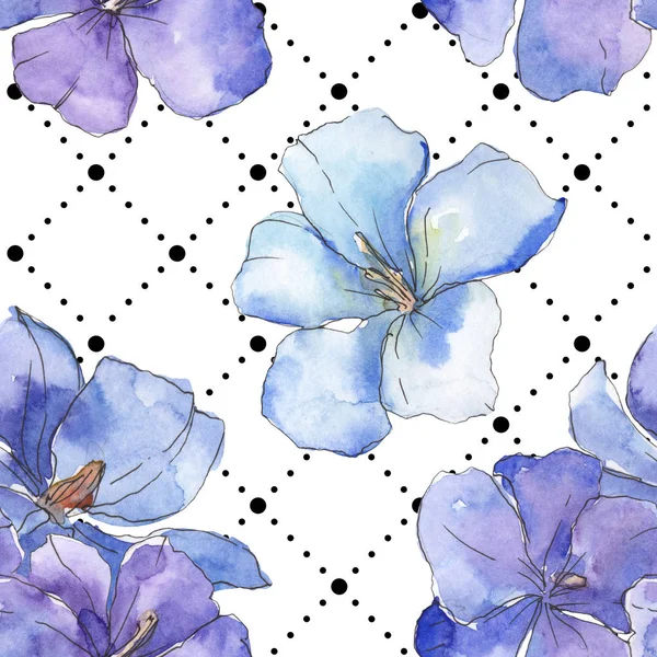 Blue purple flax floral botanical flower. Wild spring leaf isolated. Watercolor illustration set. Watercolour drawing fashion aquarelle. Seamless background pattern. Fabric wallpaper print texture.