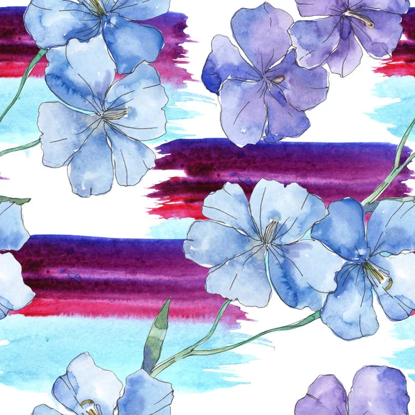 青い紫色亜麻花植物の花 野生春葉が分離されました 水彩イラスト セット 水彩描画ファッション Aquarelle シームレスな背景パターン 壁紙印刷手触りの生地 — ストック写真