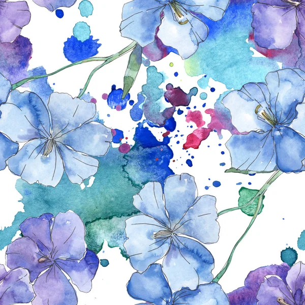 青い紫色亜麻花植物の花 野生春葉が分離されました 水彩イラスト セット 水彩描画ファッション Aquarelle シームレスな背景パターン 壁紙印刷手触りの生地 — ストック写真