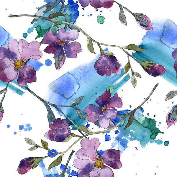 Blue purple flax floral botanical flower. Wild spring leaf isolated. Watercolor illustration set. Watercolour drawing fashion aquarelle. Seamless background pattern. Fabric wallpaper print texture.