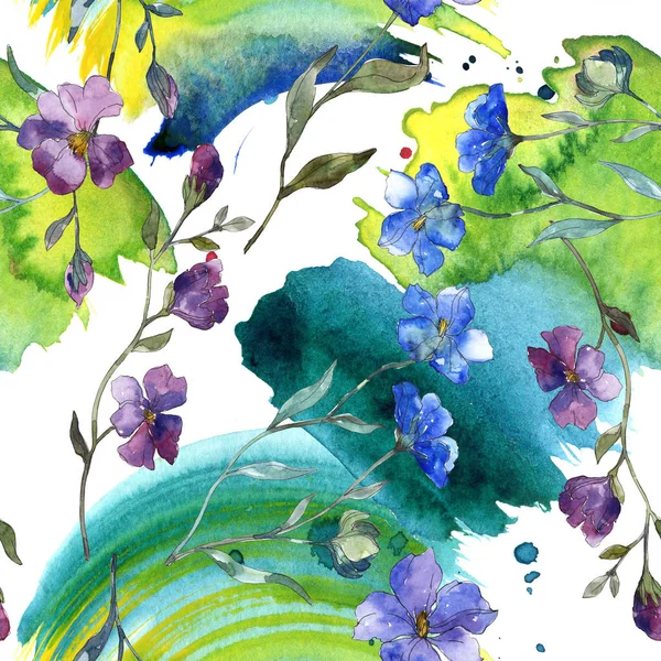 蓝色紫色亚麻花植物花 被隔绝的狂放的春天叶子 水彩插图集 水彩画时尚水彩画 无缝的背景模式 织物壁纸打印纹理 — 图库照片