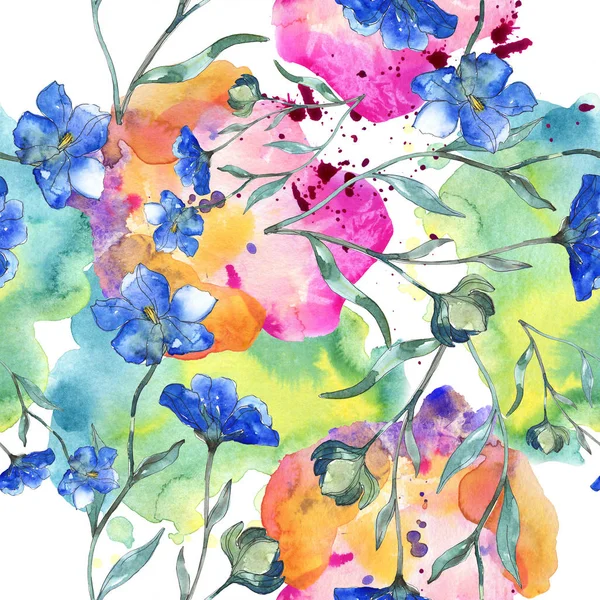 蓝色紫色亚麻花植物花 被隔绝的狂放的春天叶子 水彩插图集 水彩画时尚水彩画 无缝的背景模式 织物壁纸打印纹理 — 图库照片
