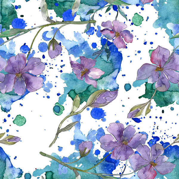 Blue and purple flax botanical flower. Wild spring leaf isolated. Watercolor illustration set. Watercolour drawing fashion aquarelle. Seamless background pattern. Fabric wallpaper print texture.