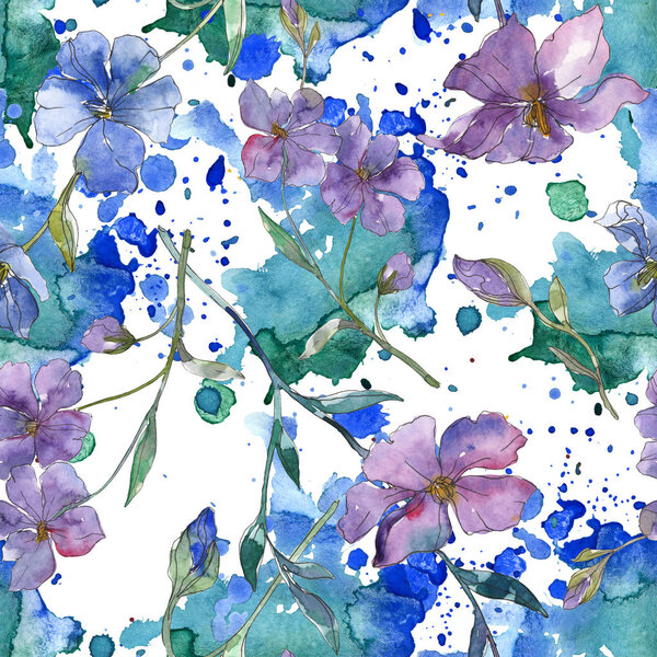 Blue and purple flax botanical flower. Wild spring leaf isolated. Watercolor illustration set. Watercolour drawing fashion aquarelle. Seamless background pattern. Fabric wallpaper print texture.