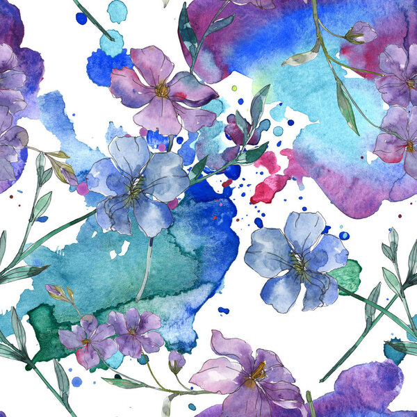 Blue and purple flax botanical flower. Wild spring leaf isolated. Watercolor illustration set. Watercolour drawing fashion aquarelle. Seamless background pattern. Fabric wallpaper print texture.