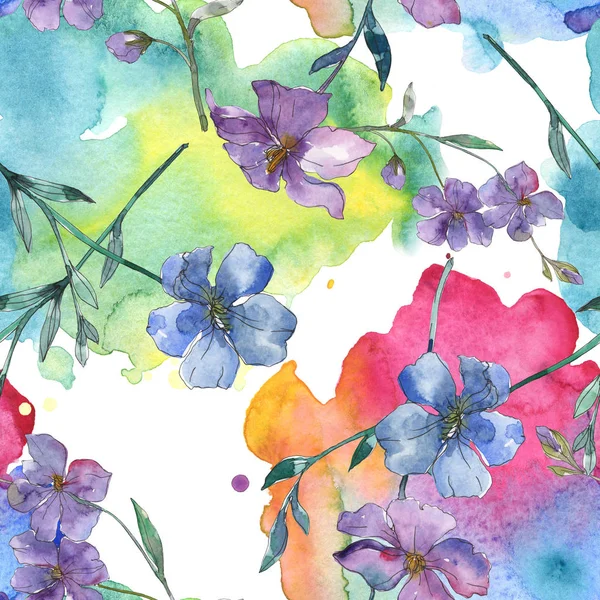 Fleur Botanique Lin Bleu Violet Feuille Printemps Sauvage Isolée Ensemble — Photo