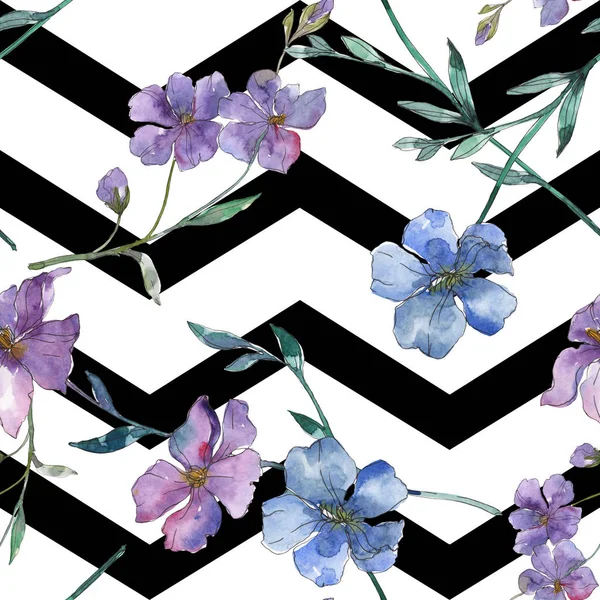 Blue and purple flax botanical flower. Wild spring leaf isolated. Watercolor illustration set. Watercolour drawing fashion aquarelle. Seamless background pattern. Fabric wallpaper print texture.