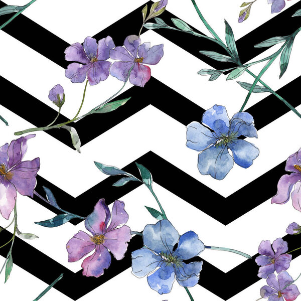 Blue and purple flax botanical flower. Wild spring leaf isolated. Watercolor illustration set. Watercolour drawing fashion aquarelle. Seamless background pattern. Fabric wallpaper print texture.