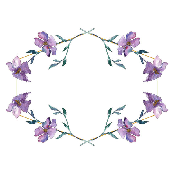 Blue and purple flax floral botanical flower. Wild spring leaf wildflower isolated. Watercolor background illustration set. Watercolour drawing fashion aquarelle. Frame border ornament square.