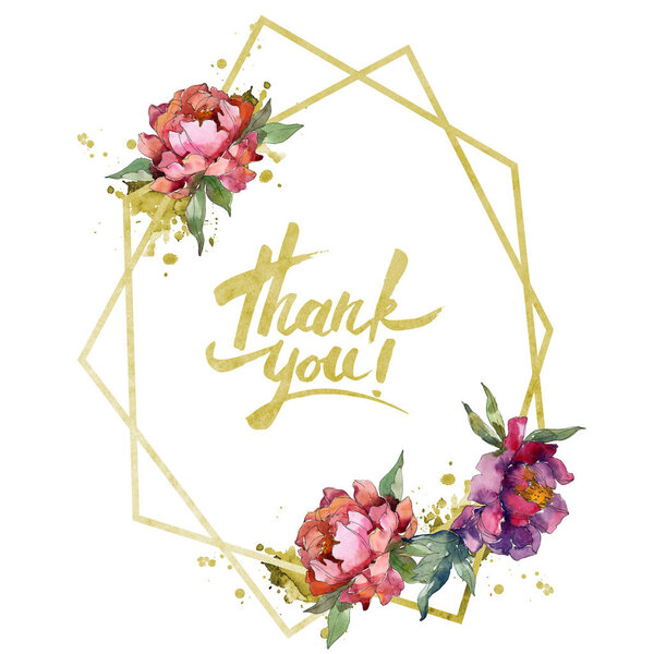 Purple isolated on white peonies watercolor background illustration set. Frame border ornament.