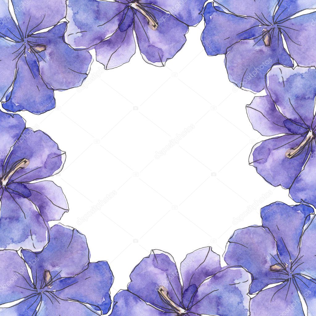 Blue purple flax. Floral botanical flower. Wild spring leaf wildflower isolated. Watercolor background illustration set. Watercolour drawing fashion aquarelle isolated. Frame border ornament square.