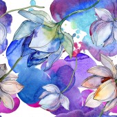 Blue and purple lotuses with leaves. Watercolor illustration set. Seamless background pattern. Fabric wallpaper print texture.