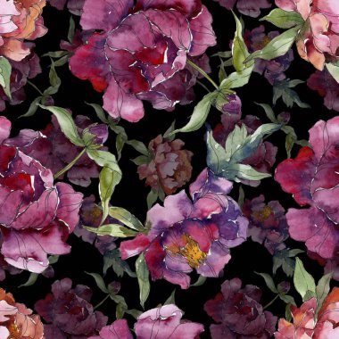 Mor peonies suluboya resim ayarlayın. Sorunsuz arka plan deseni. Kumaş duvar kağıdı yazdırma doku.
