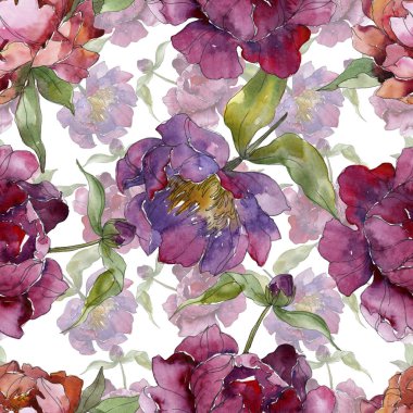 Mor peonies suluboya resim ayarlayın. Sorunsuz arka plan deseni. Kumaş duvar kağıdı yazdırma doku.
