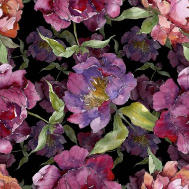 Mor peonies suluboya resim ayarlayın. Sorunsuz arka plan deseni. Kumaş duvar kağıdı yazdırma doku.