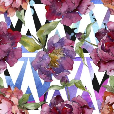 Mor peonies suluboya resim ayarlayın. Sorunsuz arka plan deseni. Kumaş duvar kağıdı yazdırma doku.