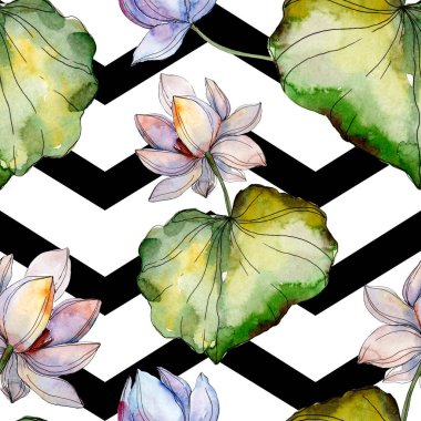 Blue and purple lotuses with leaves. Watercolor illustration set. Seamless background pattern. Fabric wallpaper print texture. clipart