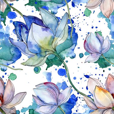 Blue and purple lotuses with leaves. Watercolor illustration set. Seamless background pattern. Fabric wallpaper print texture. clipart