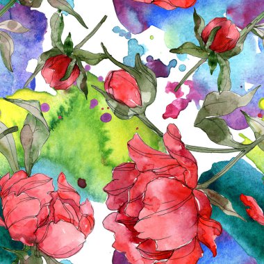 Kırmızı peonies suluboya resim ayarlayın. Sorunsuz arka plan deseni. Kumaş duvar kağıdı yazdırma doku.