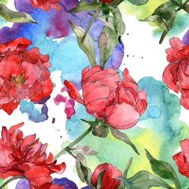 Kırmızı peonies suluboya resim ayarlayın. Sorunsuz arka plan deseni. Kumaş duvar kağıdı yazdırma doku.