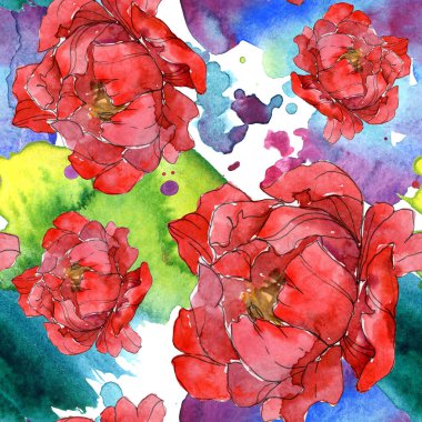Kırmızı peonies suluboya resim ayarlayın. Sorunsuz arka plan deseni. Kumaş duvar kağıdı yazdırma doku.