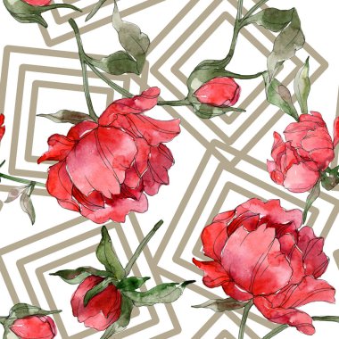 Kırmızı peonies suluboya resim ayarlayın. Sorunsuz arka plan deseni. Kumaş duvar kağıdı yazdırma doku.