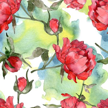 Kırmızı peonies suluboya resim ayarlayın. Sorunsuz arka plan deseni. Kumaş duvar kağıdı yazdırma doku.