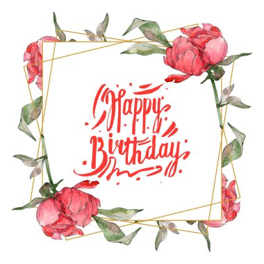 Kırmızı peonies suluboya arka plan illüstrasyon izole üzerinde beyaz ayarlayın. Çerçeve kenarlığı süsleme.