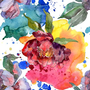 Kırmızı ve mor peonies. Suluboya resim kümesi. Sorunsuz arka plan deseni. Kumaş duvar kağıdı yazdırma doku.