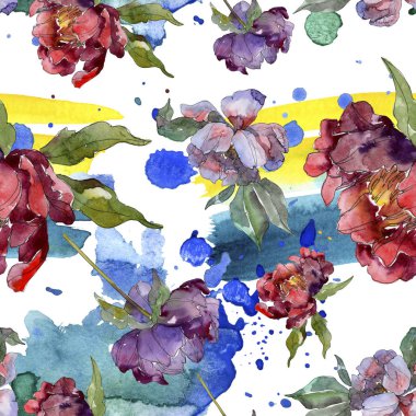 Kırmızı ve mor peonies. Suluboya resim kümesi. Sorunsuz arka plan deseni. Kumaş duvar kağıdı yazdırma doku.