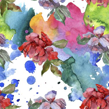 Kırmızı ve mor peonies. Suluboya resim kümesi. Sorunsuz arka plan deseni. Kumaş duvar kağıdı yazdırma doku.