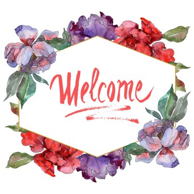 Kırmızı ve mor peonies. Suluboya arka plan illüstrasyon küme. Çerçeve kenarlığı süsleme yazıt ile.