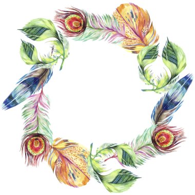Renkli kuş tüyü izole Wing. Aquarelle tüy çerçeve veya kenarlık için. Suluboya arka plan illüstrasyon küme. Suluboya çizim moda aquarelle izole. Çerçeve kenarlığı süsleme Meydanı.