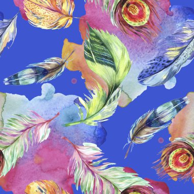 Renkli kuş tüyü Wing. Suluboya arka plan illüstrasyon küme. Suluboya çizim moda aquarelle izole. Sorunsuz arka plan deseni. Kumaş duvar kağıdı yazdırma doku.