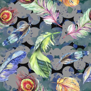 Renkli kuş tüyü Wing. Suluboya arka plan illüstrasyon küme. Suluboya çizim moda aquarelle izole. Sorunsuz arka plan deseni. Kumaş duvar kağıdı yazdırma doku.