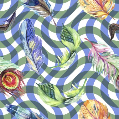 Renkli kuş tüyü Wing. Suluboya arka plan illüstrasyon küme. Suluboya çizim moda aquarelle izole. Sorunsuz arka plan deseni. Kumaş duvar kağıdı yazdırma doku.