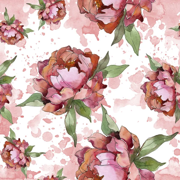 Purple Peonies Watercolor Illustration Set Seamless Background Pattern Fabric Wallpaper — Stock Photo, Image