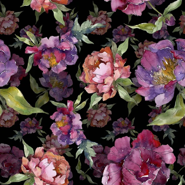 紫色牡丹水彩插图集 无缝的背景模式 织物壁纸打印纹理 — 图库照片