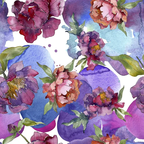 Purple Peonies Watercolor Illustration Set Seamless Background Pattern Fabric Wallpaper — Stock Photo, Image