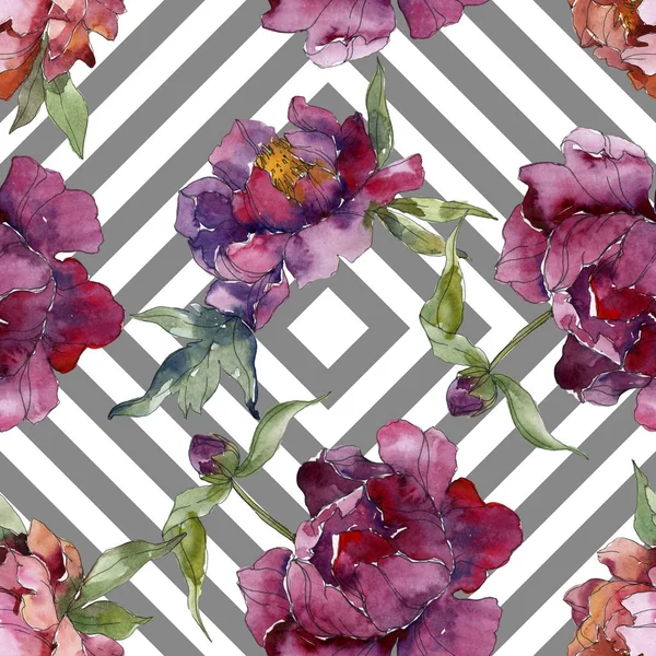 Purple Peonies Watercolor Illustration Set Seamless Background Pattern Fabric Wallpaper — Stock Photo, Image